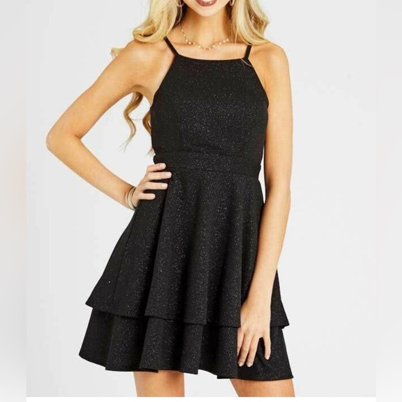 Altar'd State Dresses & Skirts - NEW Altar'd State Black Glitter halter Tiered fit and flare Dress M